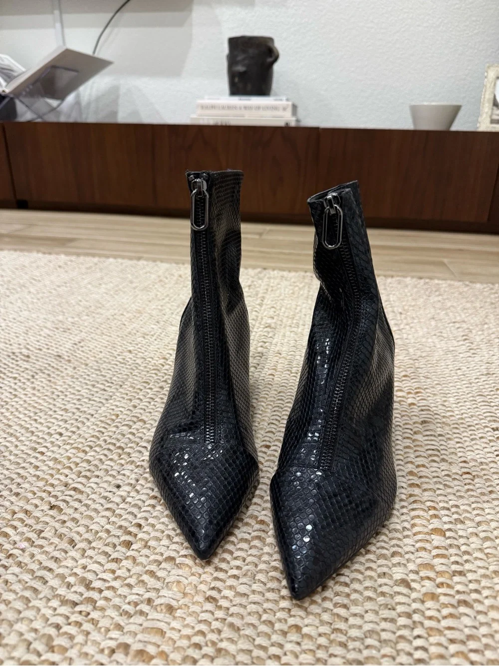 Zara Black Snakeskin Front-Zip Kitten Heel Ankle Booties (EU 39 / US 8.5)